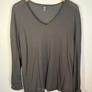SHEIN Black Waffle Knit V-Neck Long Sleeve Top